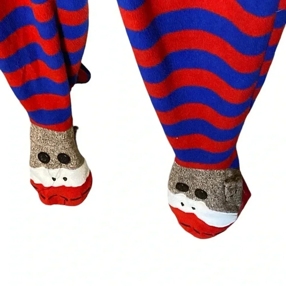 🐒 Sock Monkey red and blue striped onesie pajama adult size small 🐒 - Picture 3 of 7